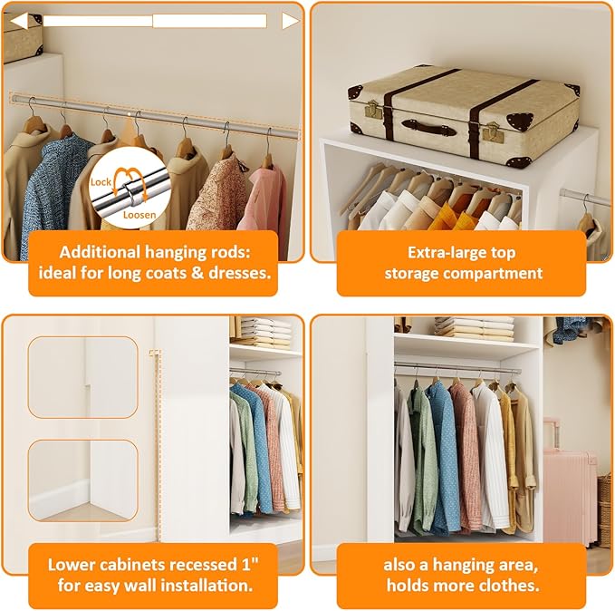 Closet System with 12 Hanging Rods& Shelf , 8FT Small Closet Organizer System Wood with Extra Side Hanging Rod for Walk in Closet Storage, Modular Closet Systems, White(8FT)