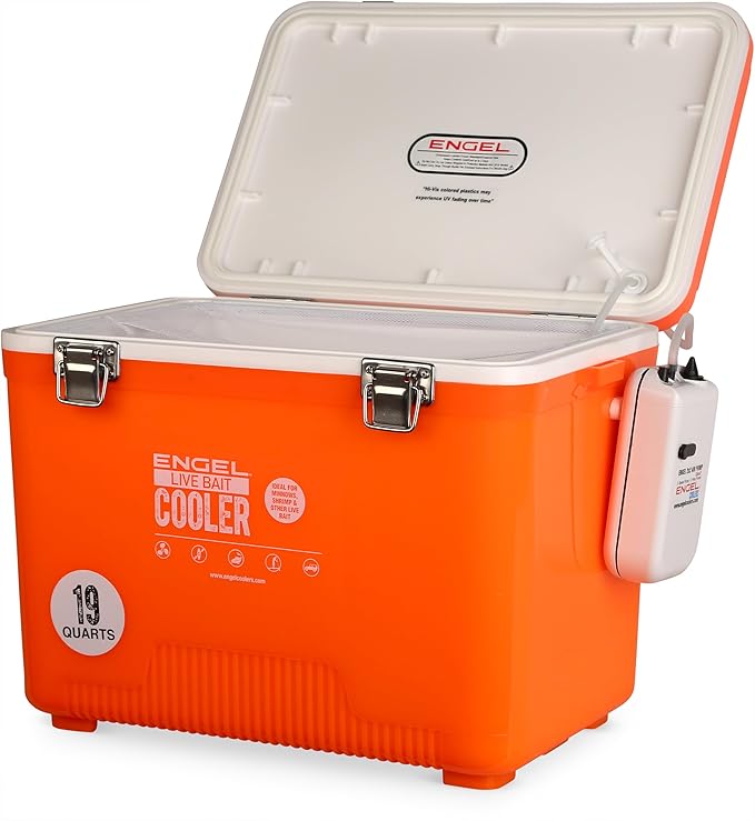 Engel Live Bait Cooler Box with 2nd Gen 2-Speed Aerator Pump - Portable Fishing Station & Minnow Bucket for Shrimp & Other Live Fish with Aerator - ENGLBC-N