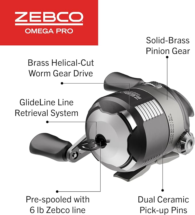 Zebco Omega Pro Spincast Fishing Reel, Dual Ceramic Pick-up Pins, Solid-Brass Pinion Gear, GlideLine ll Line Retrieval System, Pre-Spooled