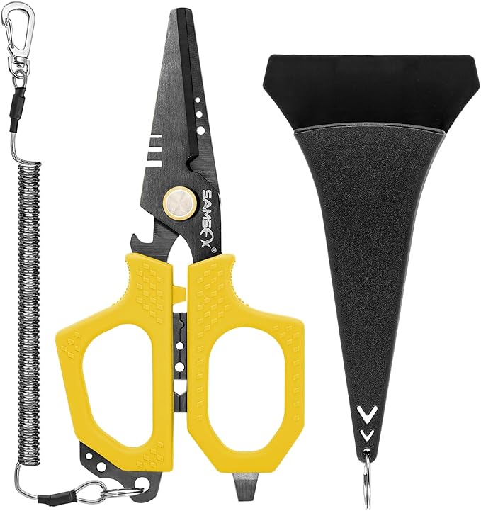SAMSFX Fishing Braid Line Scissors Shears with Titanium Coating and Dual-Serrated Blade, Kraton Handle, Arrives with Hard Sheath and Coiled Lanyard (Yellow Kraton Handle)