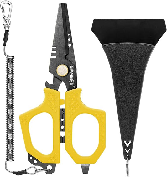 SAMSFX Fishing Braid Line Scissors Shears with Titanium Coating and Dual-Serrated Blade, Kraton Handle, Arrives with Hard Sheath and Coiled Lanyard (Yellow Kraton Handle)