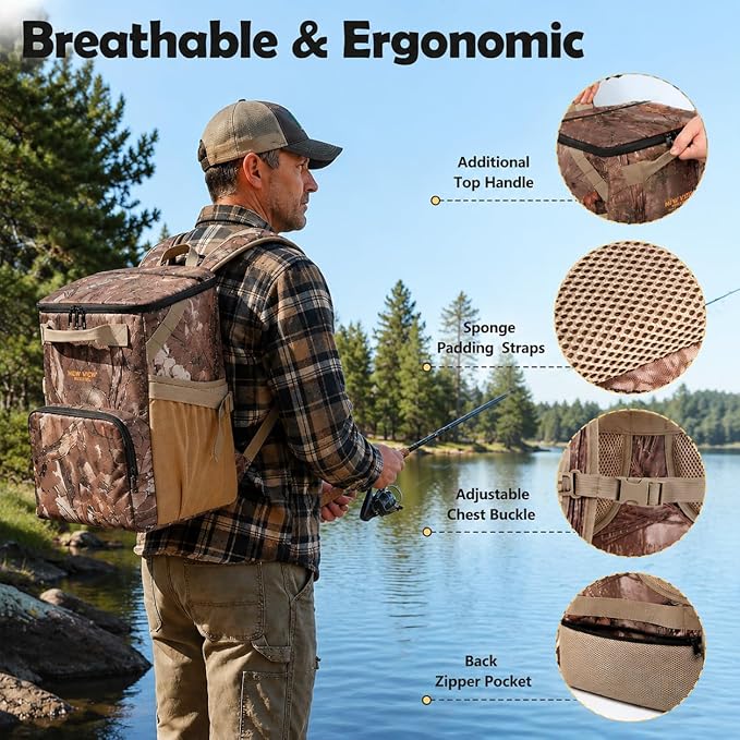 Backpack Cooler, 42 Can 16mm Leakproof Soft Cooler Backpack, Waterproof & Lightweight Camo Lunch Backpack for Work, Fishing, Beach, Day Trips, Large Capacity with Dry/Wet Storage