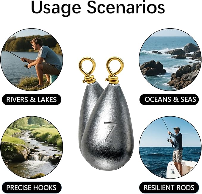 Casting Sinker Weights Assortment, Teardrop Fishing Sinkers with Brass Swivel Loops, 1/8 oz to 3/4 oz, Drop Shot Weights for Bass Catfish, Freshwater Saltwater