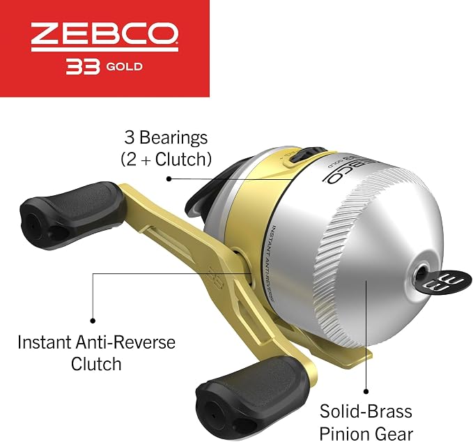 Zebco 33 Gold Spincast Fishing Reel, Changeable Right or Left-Hand Retrieve, All-Metal Gears, Pre-Spooled with Zebco Cajun Fishing Line