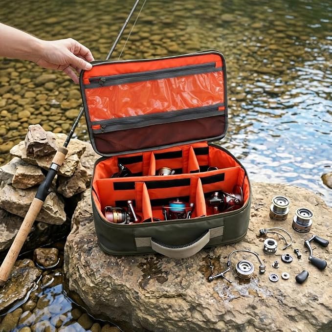 Kylebooker Fishing Reel Case – Travel Storage Bag with Adjustable Compartments for Fly Reels, Spinning Reels, Baitcasting Reel & Fishing Gear