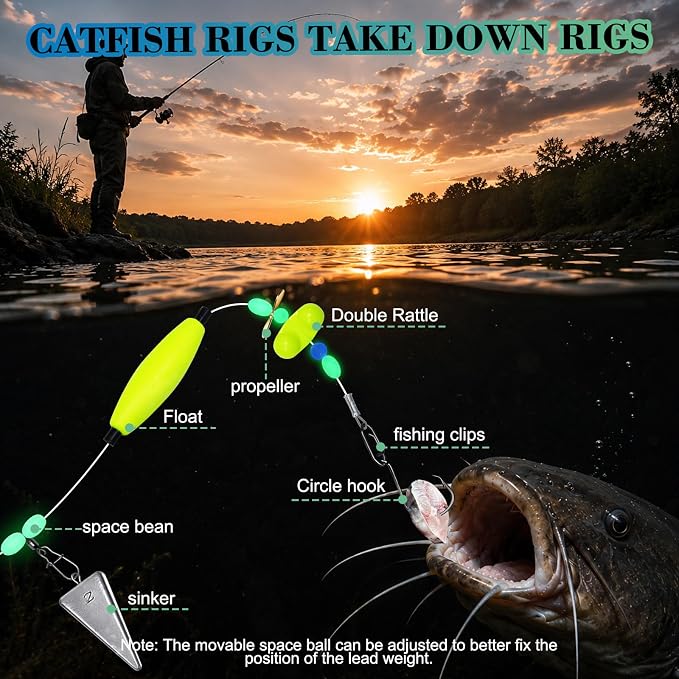 Catfish Rigs with 2oz Pyramid Sinker，High Carbon Circle Hooks 6/0 8/0，3/6pcs Catfish Float Rigswith Adjustable Bottom-lowering Device,Take Down Rigs for Catfish,Complete & Ready-to-Use Kit