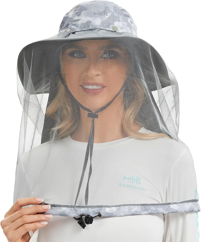 BASSDASH UPF 50+ Mosquito Sun Hat with Hidden Head Net and Neck Flap for Men Women Outdoor Fishing Hiking Camping