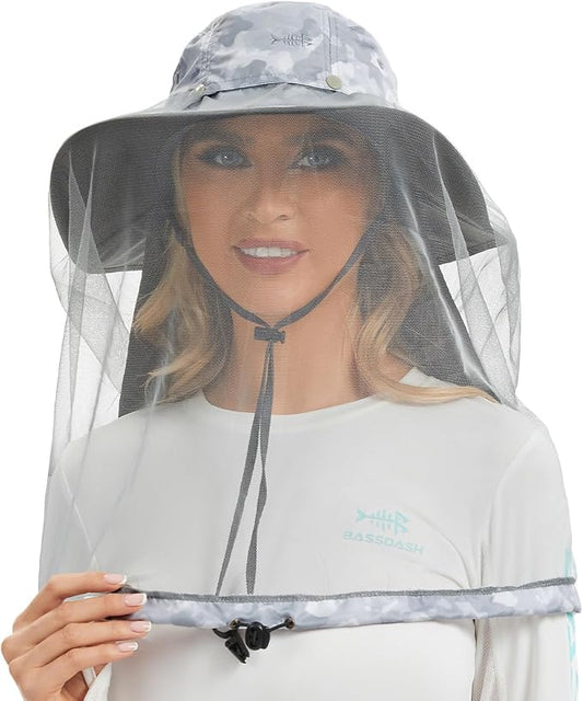 BASSDASH UPF 50+ Mosquito Sun Hat with Hidden Head Net and Neck Flap for Men Women Outdoor Fishing Hiking Camping