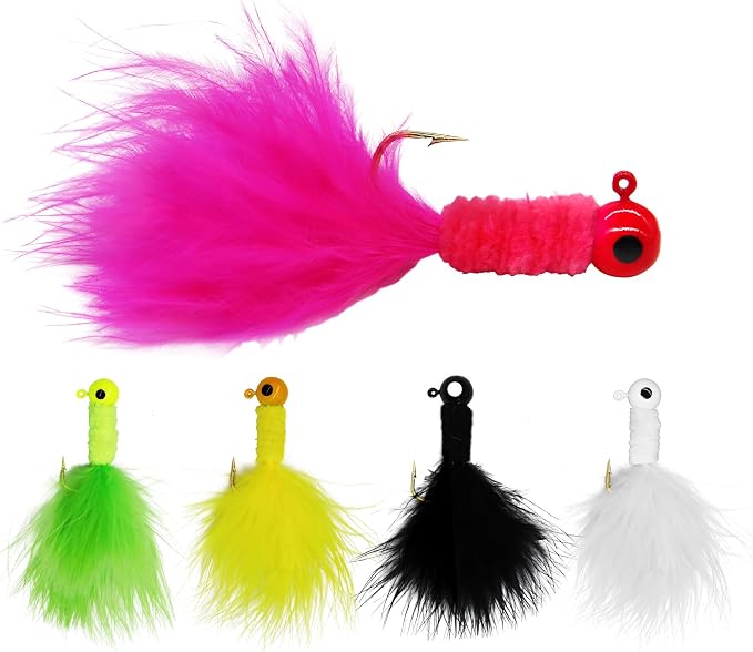 50PCS Crappie Fishing Jigs Hook Kit Feather Hair Jigs for Crappie Fishing baits Lures Panfish Trout 1/8 1/16 1/32 oz