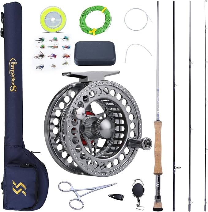 Sougayilang Fly Fishing Rod and Reel Combo, 4 Pieces Ultra Lightweight Portable Fly Rod and CNC Machined Aluminum Alloy Reel Complete Starter Package with Rod Bag