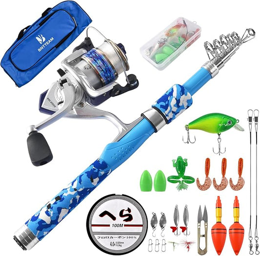 Portable Fishing Spinning Rod and Reel Combo Set Carbon Fiber Fluorescent Rod Tip, with Fishing Lures Line Carrier Bag Kits for Travel Surf Saltwater Freshwater
