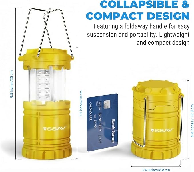 SSAV LED Camping Lantern, Emergency Lanterns for Power Outages & Hurricane Preparedness, Collapsible Portable Survival Lights for Camping, Storms & Emergencies, Batteries Included (2, Yellow)