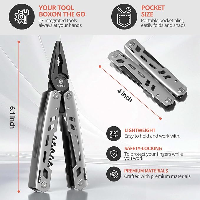 Multitool 17-in-1 Stainless Steel Multi Tool with Pocket Knife Needle Nose Pliers Bottle Opener Screwdriver Self-Locking Professional Multi-Tool for Outdoor Survival Gifts for Men((Silver)