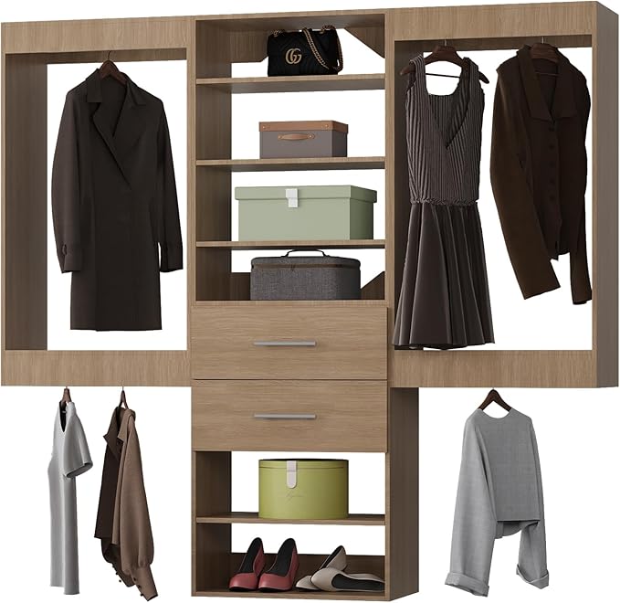 ROOMTEC Modular Closet System, 66" Wall Mounted Closet Organizer with Hanging Rods and Drawers, Wooden Tower for Walk-In Closets, Wardrobe Storage Kit, Wood
