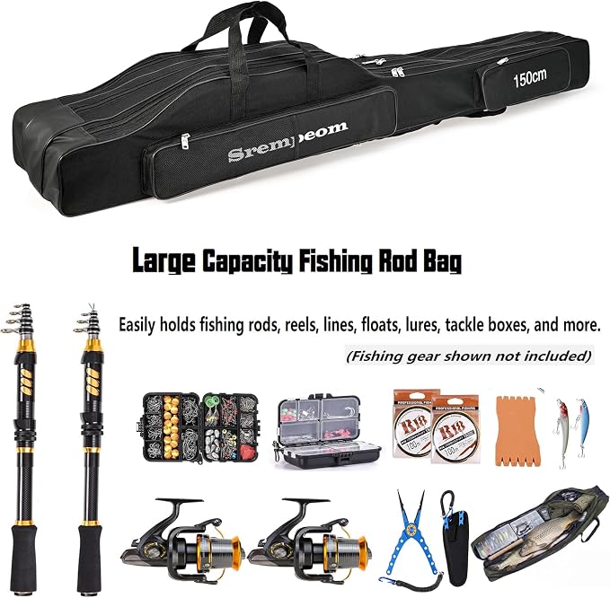 3 Layers Fishing Pole Bag,Portable 3 Layers Oxford Folding Rod Carry Case,Fishing Reel Tackle Storage Bag Case