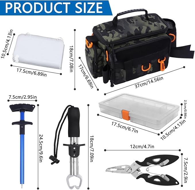 Fishing Tackle Bags with Tackle Box,Waterproof,Padded Shoulder Strap,Gear Storage,Fish Bag with 136 Pcs Fishing Lures Kit,Fish Hook Remover Tool,Fish Lip Gripper,Fishing Plier,Gifts for Men (Green)