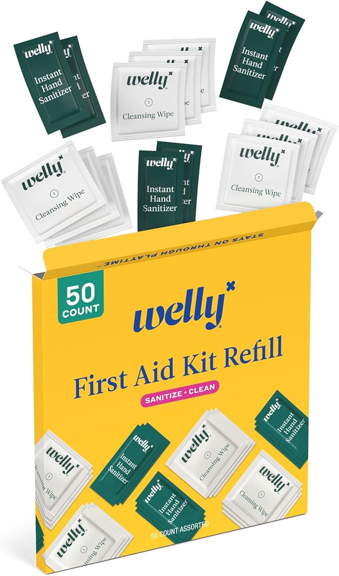 Welly First Aid Kit Refill Clean Carton | Individually Wrapped Hand Sanitizer and Cleansing Wipes | 50ct