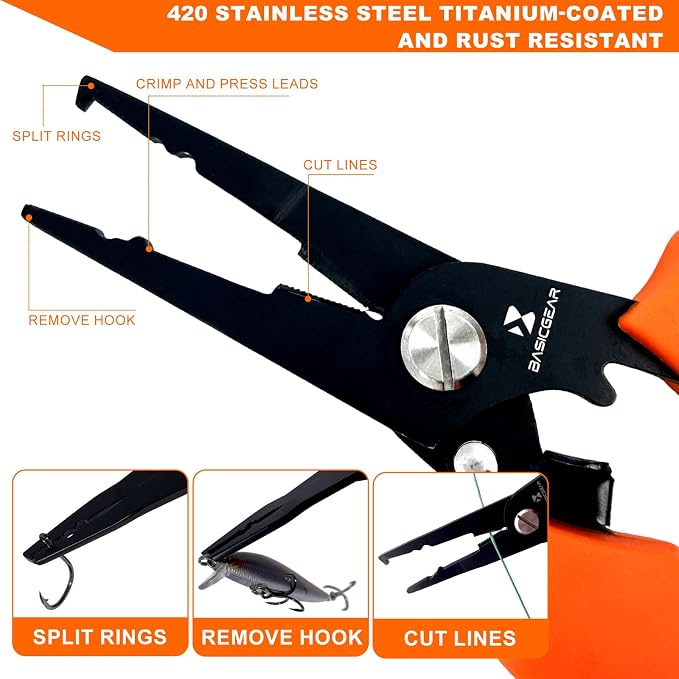 BasicGear Multi-Functional Fishing Pliers - 7" 420 Stainless Steel Head with Teflon Coating, Built-in Spring & Lock, Non-Slip Rubber Grip