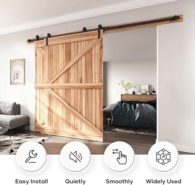 EaseLife 12 FT Bypass Double Sliding Barn Door Hardware Kit,Single Track, Slide Smoothly Quietly, Easy Install (12FT Track Kit for Double 77" Wide Door)