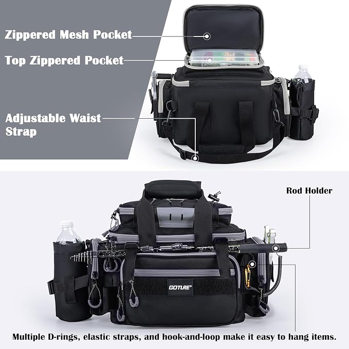 Goture Fishing Tackle Bag, 600D Water-Resistant Soft Side Crossbody Sling Bag with Rod Holder,Small Gear Storage Tactical Bags for Saltwater & Freshwater,Fits 4 3600 Tackle Boxes (Not Included)
