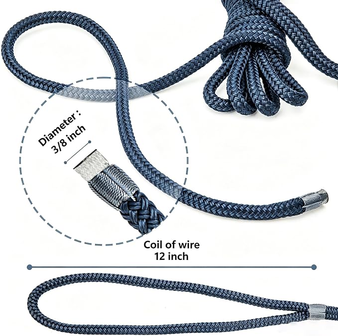 4 Pack 3/8" x 15’ Boat Dock Lines for Boat & Pontoon, Premium Marine- Grade Double Braided Nylon Dock Line, Pre-Spliced with a 12" Eyelet-Navy Blue,Boating Gifts for Men