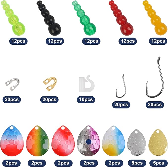 Fishing Lure Making Kit for Walleye Rigs, 170pcs Bass Fishing Lures Making Supplies Parts Crawler Harness Trout Bass Salmon Colorado Blades Hooks Stacked Fishing Beads Kokanee Rigs Trolling Rigs