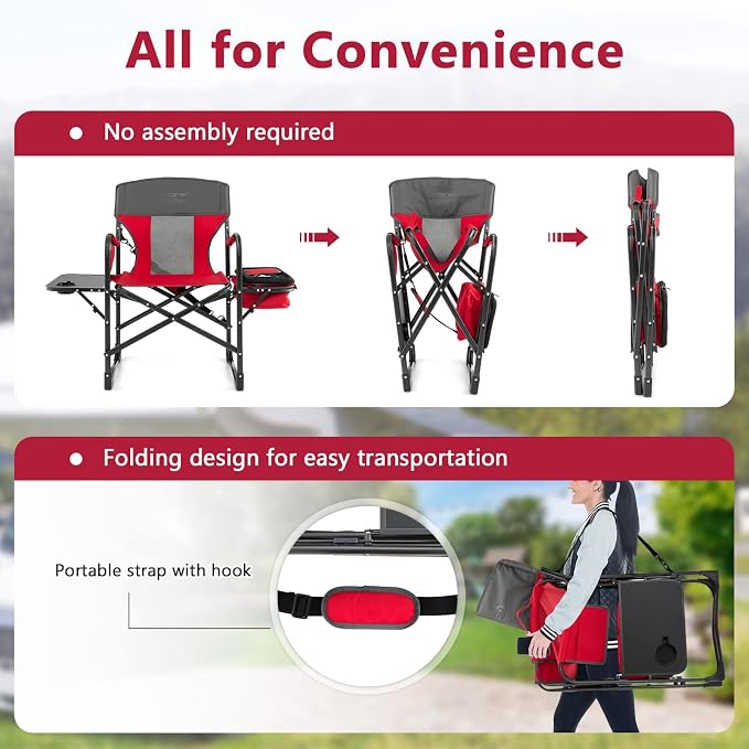 COSTWAY Folding Camping Chair, Heavy-Duty Director Chair Supports 400lbs for Adults with Side Table, Cooler Bag, Storage, Strap, Portable Makeup Chair Suitable for Fishing Picnic