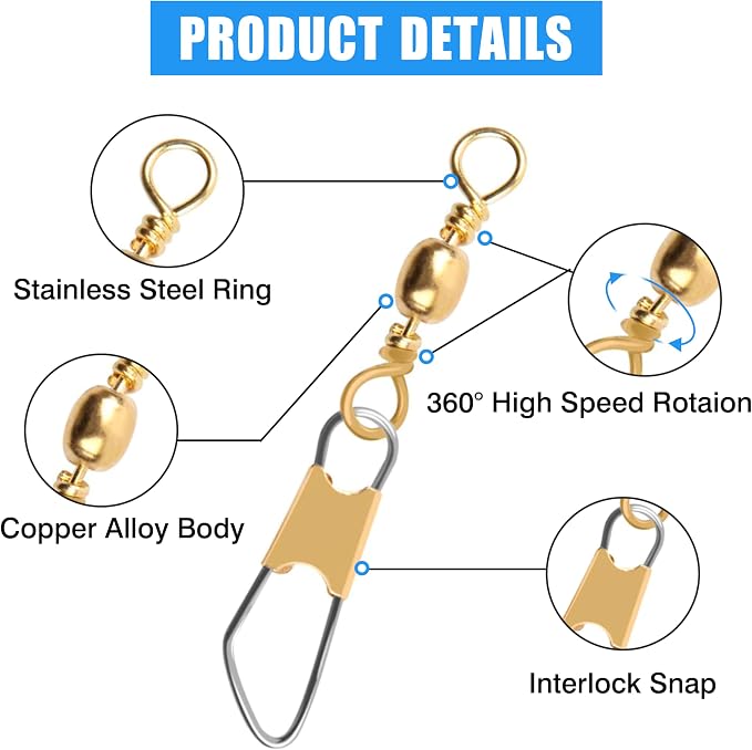 AGOOL Fishing Swivels Snaps, 60/120pcs Barrel Swivels with Nice Snaps Gold High Strength Solid Rings Line Lures Connector Fishing Tackle Accessories