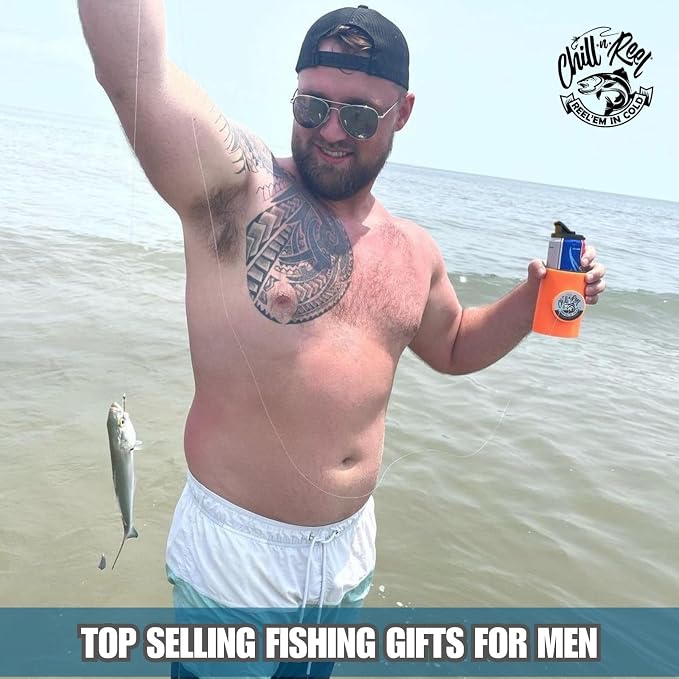 Made in USA | Fishing Can Cooler from Shark Tank | Hard Shell Drink Holder with Hand Line Reel | Fits Most Can Sleeves or Coozies | Unique Fishing Gift for Men | Retail Box Packaging | Orange