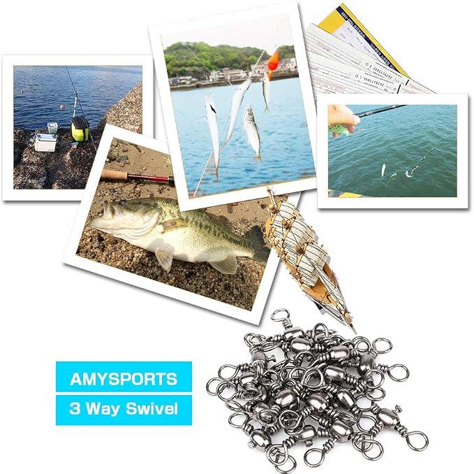 AMYSPORTS Stainless 3way Swivel Fishing crossline swivels 3 Way rigs Saltwater Freshwater Drifting trolling Fishing Tackle Connector for Spoons Minnow baits