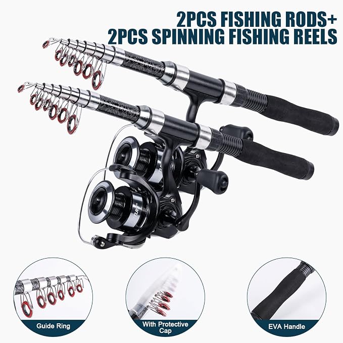 Goture Fishing Rod and Reel Combos-2PCS Telescopic Fishing Pole+2PCS Spinning Reels with Carrier Bag,1.8M-2.7M Telescopic Rod Reel Kit for Starter Travel Saltwater Freshwater,Gifts for Men