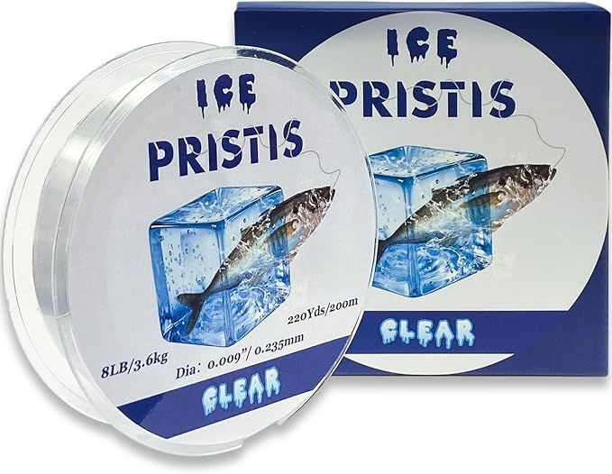 Pristis Fluorocarbon Coated Ice Fishing Line, 220 Yds Clear Abrasion Resistant Copolymer High Strength Nylon Line with Spool, Superior No Freezing Low Memory Premium Quality for Saltwater Freshwater