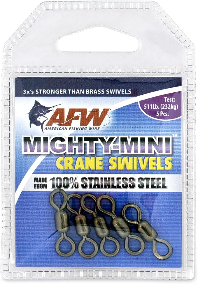 AFW American Fishing Wire Fishing Swivels - Mighty Mini 100% Stainless Steel Crane Swivels, 3X Stronger Than Brass, for Terminal Tackle Box, Up to 600lb Test - Fishing Gear for Fishing Line Leaders