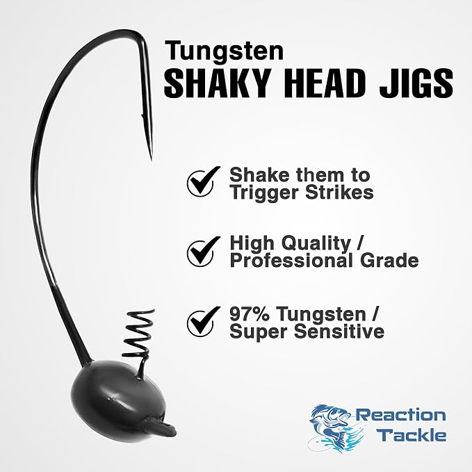 Reaction Tackle Tungsten Shaky Head Jigs for Bass Fishing - Premium Fishing Hooks, Ideal Shaky Head Jig to Catch Big Bass and Other Fish - (5-Pack)
