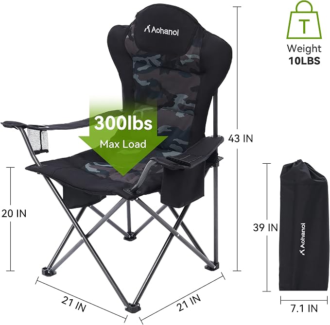 Aohanoi Camping Chairs for Heavy People,Outdoor Folding Camp Chairs for Adults with Cup Holder & Cooler Bag for Outside,Outdoor Lawn Chairs Supports Up to 400lbs
