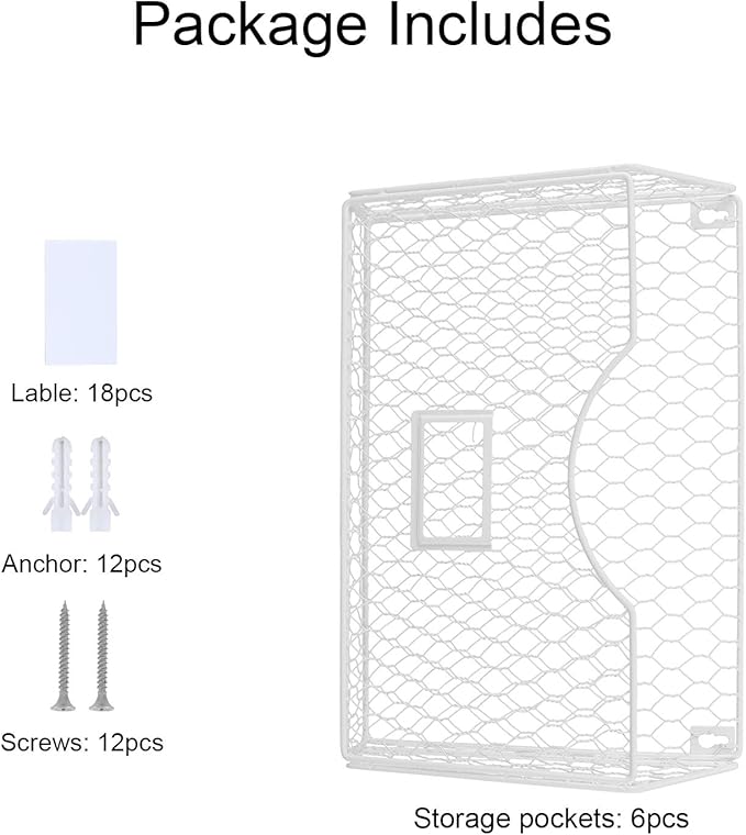 PAG 6 Pockets Hanging File Holder Wall Mount Mail Organizer Metal Chicken Wire Magazine Rack with Tag Slot, White