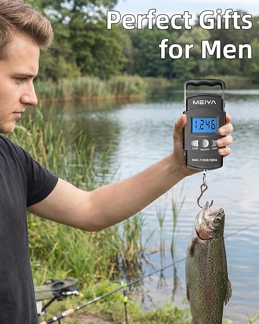 MEIYA Digital Fish Scale & Fishing Scale with Comfortable Handle - 110lb/50kg High-Accuracy Fishing Gear, Professional Fishing Gifts for Men, Comfort-Grip Hanging Scale for Large Fish, Luggage