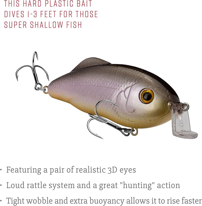 Strike King Hybrid Hunter Shallow Jr. Fishing Lure, Shallow Diving Crankbait, 90-Degree Bill, 3D Eyes, Loud Rattle, Dives 1 to 3-Feet,Size 4 & 6 Treble Hooks