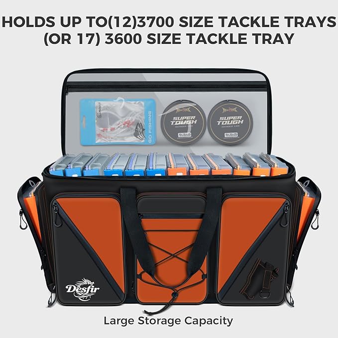 Handor Waterproof Fishing Tackle Bag, Large Saltwater Resistant Storage, 1000D PVC Material, Holds 3600 3700 Trays (Black and Orange, Large Bag)