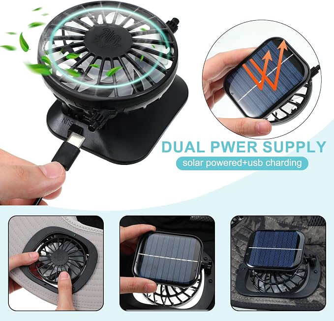 Glitopper 2 Set Wide Brim Solar Fan Hats with 2 Solar Fan and Arm Sleeves Set Outdoor Fishing Bucket Hat for Men Women Hiking