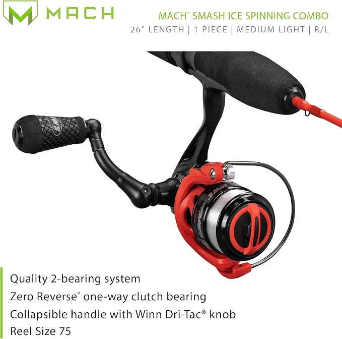 Lew's Mach Smash Ice Spinning Reel and Fishing Rod Combo, 1-Piece IM6 Graphite Blank, Right or Left-Hand Retrieve, Red/Black
