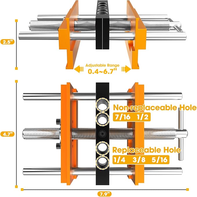 BLEKOO Upgraded 6.7 inch Self Centering Doweling Jig Kit, Drill Jig For Straight Holes Biscuit Joiner Set With 6 Drill Guide Bushings, Adjustable Width Drilling Guide Power Tool Accessory Jig (Orange)