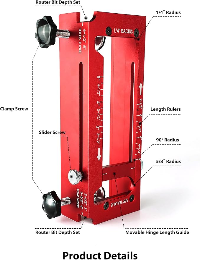 Door Hinge Jig & Lock Hole Drilling Kit – Adjustable Aluminum Router Template for Hinge Mortising (2.5"-5", 1/4"R, 5/8"R, Square Corner) – For 1-3/8" & 1-3/4" Thick Doors