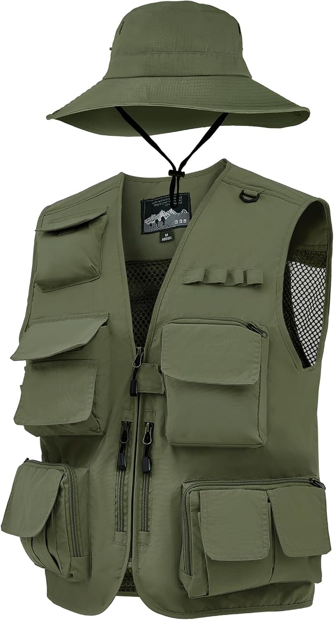 Shihanee 2 Pcs Men's Fishing Vest Sun Hat Multi Pocket Safari Vest for Outdoor Hiking Summer Travel