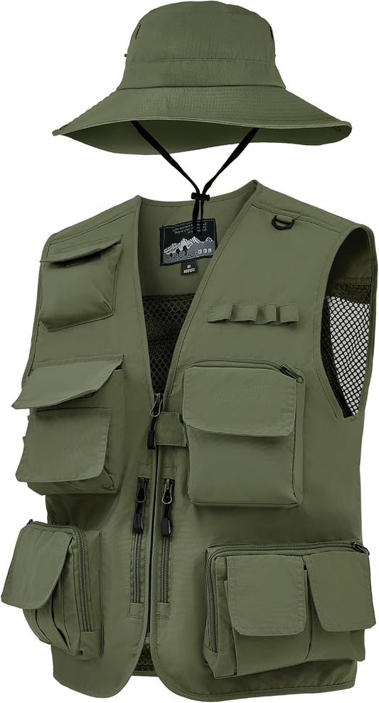 Shihanee 2 Pcs Men's Fishing Vest Sun Hat Multi Pocket Safari Vest for Outdoor Hiking Summer Travel