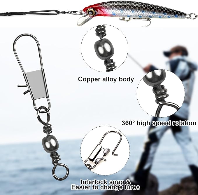 DONQL Fishing Swivels Snap 200pcs Swivels Fishing Tackle, Barrel Swivel Barrel Swivels with Snaps, Available #14#12#10#8#7#6, for Saltwater, Freshwater, Leader, Line, Lure Connector
