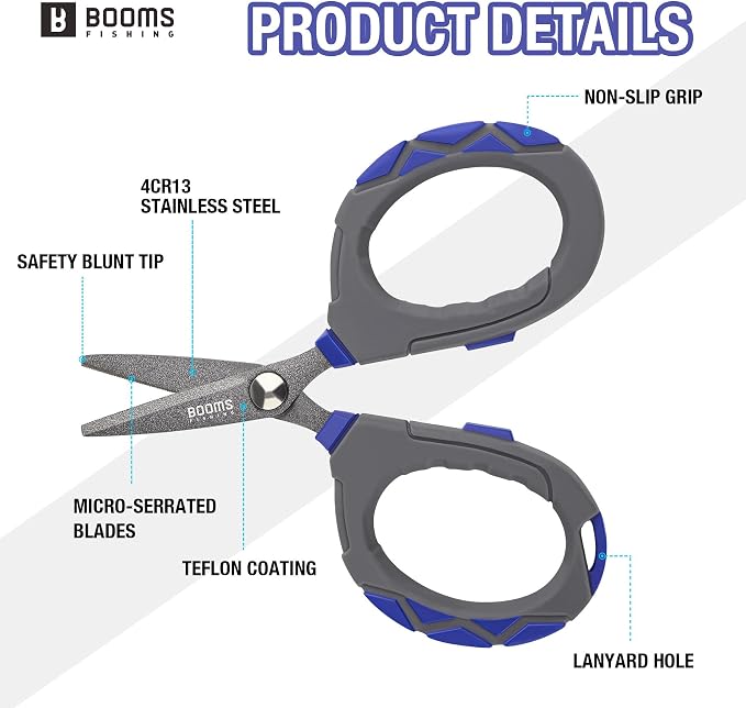 Booms Fishing Braided Line Scissors: Micro-Serrated Stainless Steel Blades Line Cutter - XW01 4.1" Fishing Serrated Shears with Zinger Retractor