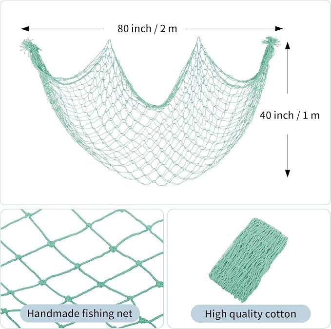 2 Pack Decorative Fishing Net, 80x40 Inch Green Cotton Fish Net Decor for Nautical Mermaid Pirate Hawaii Beach Ocean Under The Sea Themed Party, Hanging Plush Toys, Drape Tables, Wall Picture Display