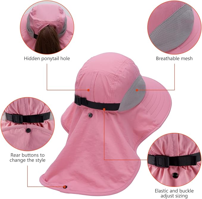 BASSDASH UPF 50+ Unisex Water Resistant Wide Brim Sun Hat with Large Neck Flap Ponytail Fishing Hat for Men Women
