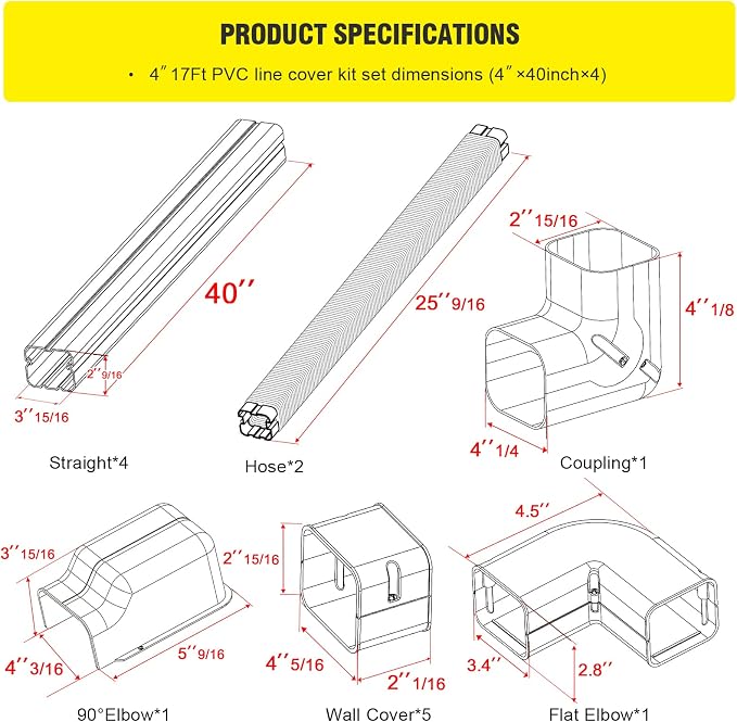 DWALE 4" 17Ft PVC Decorative Line Set Cover Kit, Mini Split line Set Cover,for Ductless Mini Split Air Conditioner and Central AC and Heat Pumps